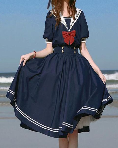 Harajuku Sailor Collar Navy Vestido Japonesa Lolita Sweet Bowknot Girl Retro Algodón Kawaii Estilo preppy Mujeres de manga corta 2105199355918