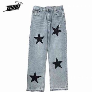 Harajuku Star Print Baggy Jeans Men Women Denim Trouser Loose Cargo Pants Koreaanse modezakken unisex streetwear 2022 0309