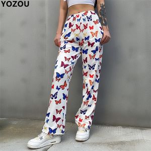 Harajuku streetwear motif papillon impression pantalons femmes pantalons longs femmes taille élastique pantalon droit femme YL73 T200422