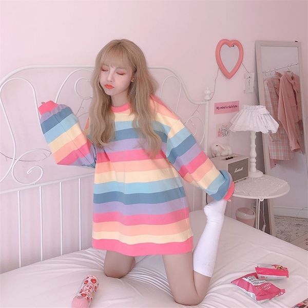 Harajuku Style Kpop Rayé Sweat-shirt en vrac Femmes Printemps Pull à manches longues Kawaii Vêtements Coloré Rainbow Student Girl Tops 210721
