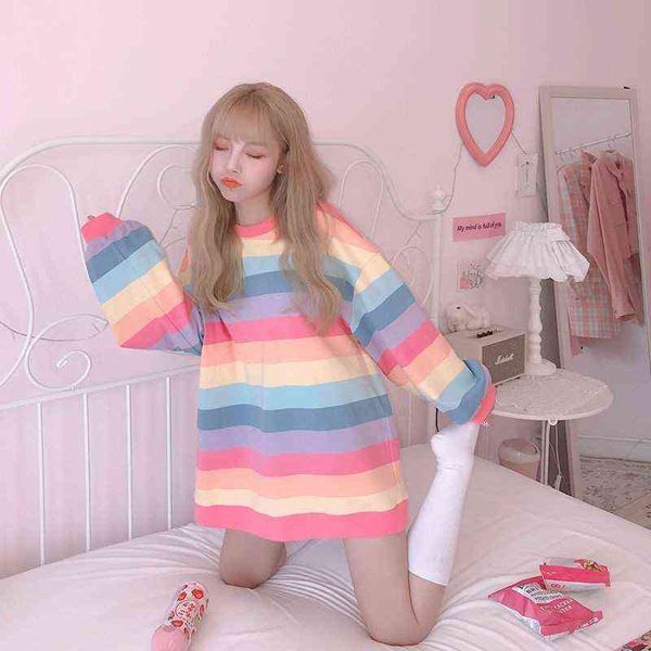 Harajuku Style Kpop Sweats à rayures lâches Femmes Spring Long Manches Pullover Kawaii Vêtements Coloré Rainbow Student Girl Tops 211108