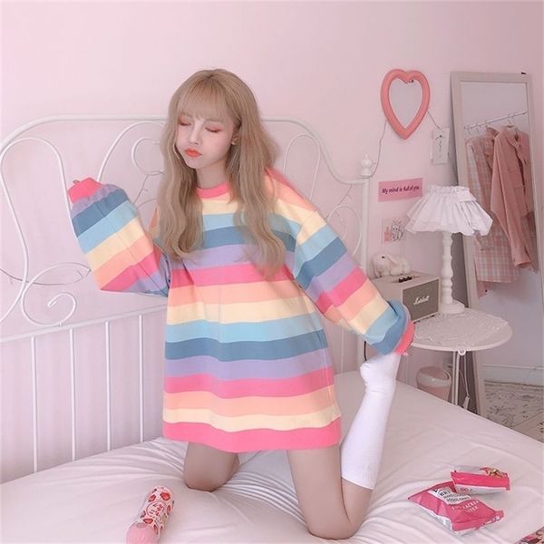 Harajuku Style Kpop Rayé Lâche Sweat Femmes Printemps À Manches Longues Pull Kawaii Vêtements Coloré Arc-En-Étudiant Fille Tops 210809