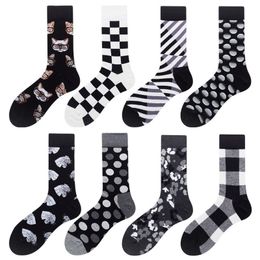 Harajuku Style hommes chaussettes noir blanc Plaid point chat motif heureux chaussettes nouveau Hip Hop coton peigné Calcetines 2 pièces = 1 paires
