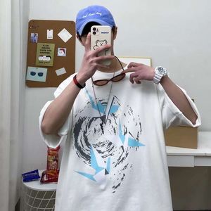 Harajuku-stijl T-shirt met korte mouwen, heren losse en veelzijdige zomerse kledingtrend, Instagram Hip-Hop vijf kwart mouwen half mouwen T-shirt