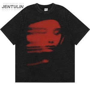 Harajuku zomermannen gewassen t -shirt zwarte streetwear rood gezicht grafische kleding print korte mouw top katoen losse hipster y2k 240325