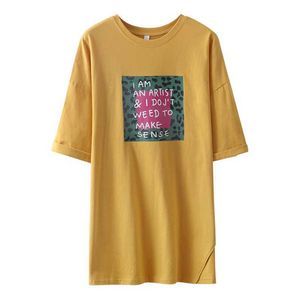 Harajuku été surdimensionné Long t-shirt pour robe femmes mode t-shirt à manches courtes fente t-shirt Femme filles hauts amples 210604