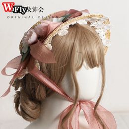 Harajuku doux femmes filles été paille chapeau de soleil Kawaii Lolita Cosplay dentelle fleur pansement Bowknot chapeaux de paille dames casquette élégante 240325