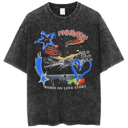 Harajuku T-shirt Hommes Vintage Lavé Surdimensionné Graffiti Galaxy Graphique T-shirt pour Hommes Hip Hop Streetwear 100% Coton T-shirts 220812
