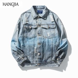 Harajuku Tie Dye Jean Veste Hommes Hip Hop Graffiti Denim Vestes Streetwear Peinture En Aérosol Déchiré Vestes et Manteaux Automne C0607