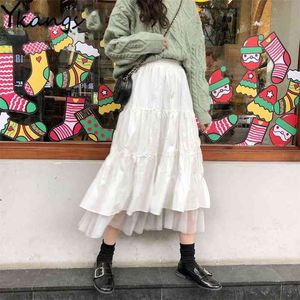 Harajuku Tulle Midi Jupe plissée Femmes Automne Élastique Taille Haute Mesh Tutu Jupes Femme Coréenne Mode Noir Blanc Longue Jupe 210421