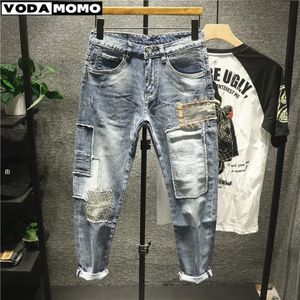 Harajuku Vintage Fashion Mens Luxury Jeans de style coréen Stretch Slim Fit Denim Patchwork pour les hommes Ripped 240417