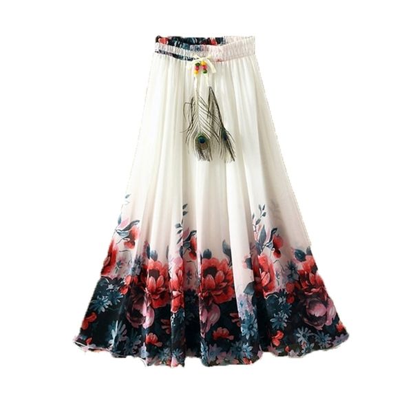 Harajuku Vintage Maxi Jupes Femmes Solide Boho Mousseline de soie Saia Longa Été Tulle Casual Bohème Longues Jupes Femme Vêtements 210310