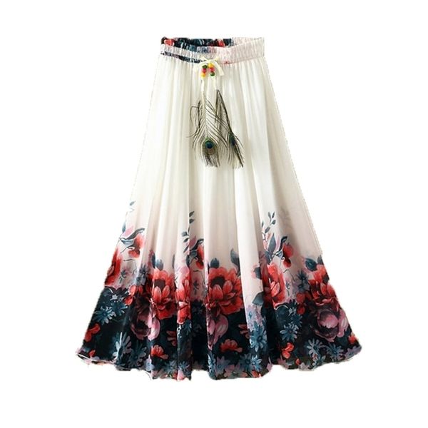 Harajuku Vintage Maxi jupes femmes solide Boho en mousseline de soie Saia Longa été Tulle décontracté bohème jupes longues femme vêtements 210311