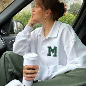 Harajuku blanc surdimensionné sweat femmes mode coréenne bouton col rabattu pulls ample support élargi vêtements Iamty 220725