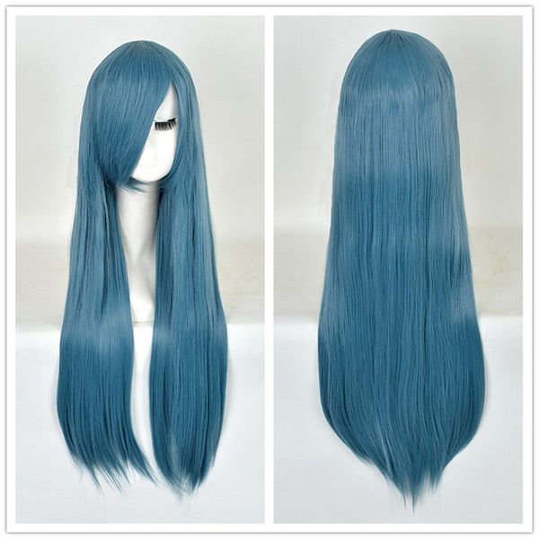 Harajuku perruques Halloween Party Lolita gemme foncée bleu droit remy cheveux longue perruque