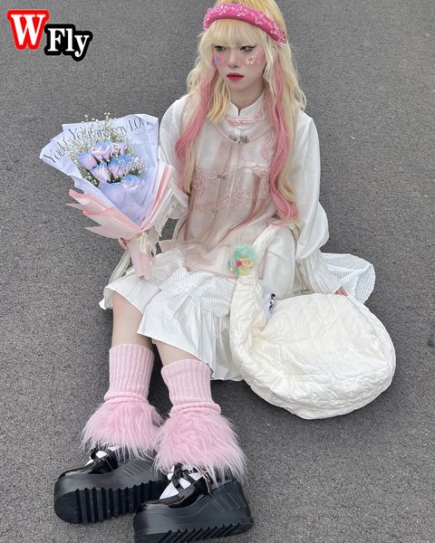 Harajuku femme fille rose clair tricote de jambe de jambe à fourrure
