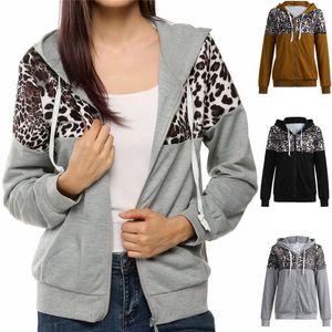 Harajuku femmes léopard Hoodies Sweat Mode Zipper Pocket Hooded Jacket Outwear Ladies Solid Slim Pull Vêtements Moletom 201102