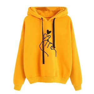 Harajuku Dames Sweatshirt en Hoody Dames Oversize K POP Geel Roze Love Heart Finger Hood Casual Hoodies voor Dames Meisjes 210930