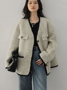 Harajuku Y2K Tweed Jas Vrouwen Vintage Preppy Stijl Losse Jas Koreaanse Herfst Winter Dame Lange Mouw V-hals Ontwerp Uitloper 240226