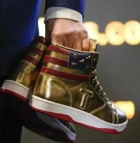 Donald Trump Gold High Top Sneakers Chaussures de course Sneakers décontractés Design de chaussure masculine Men Femmes Runner Yakuda Shoes Athletic Shoes Dhgate School Daily tenue Athleisure