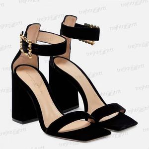 Hardware Buckle Decoratieve dikke hak-sandalen Strierachtige fluweel velvet enkelband avondschoenen damesontwerpster high schoenen fabrieksschoenen 35-42 met doos