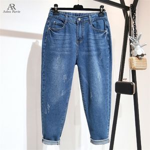 Harem jeans vrouw hoge taille los plus size blauwe zak enkellengte denim pant 6xl 210302