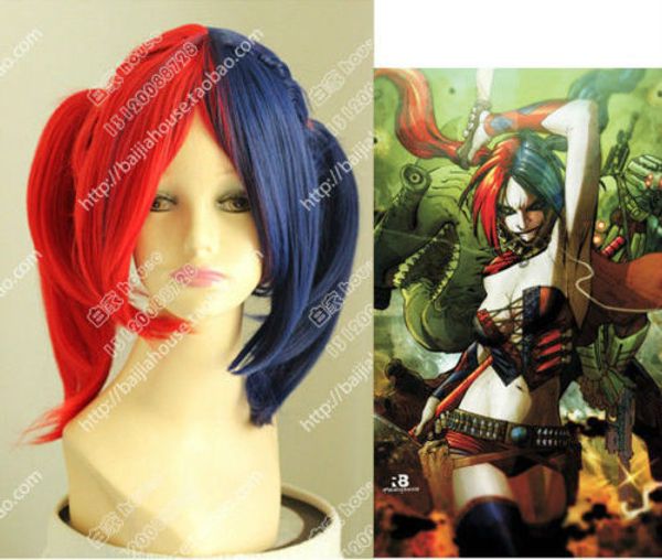 Perruque de clown féminin Harley Quinn Cos Batman queue de cheval de couleur bleue et rouge