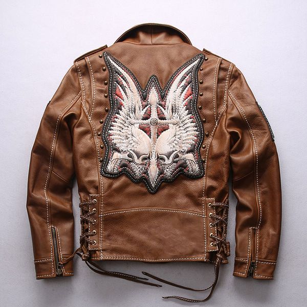 Veste en cuir de moto de style Harley pour hommes, col à revers, col diagonal, ceinture de traction, cuir de vache épais, huile moteur recherchée 66 Applique