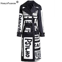 Harleyfashion herfst winter vrouwen lange jas letters drukken hoge straat stijlvolle graffiti casual kwaliteit windjack greppel 210820