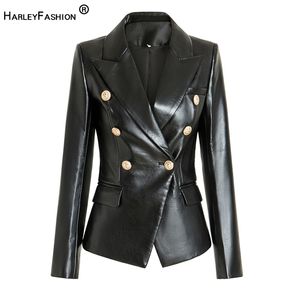 HarleyFashion européenne américaine de qualité supérieure en cuir PU fitness boutons dorés Slim High Street femmes Blazer noir 211019