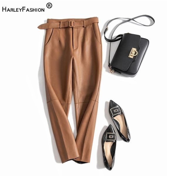 HarleyFashion European Women Luxury Design Solid Color Pantalon en cuir PU de haute qualité Longueur cheville Pantalon Slim avec ceinture 201119