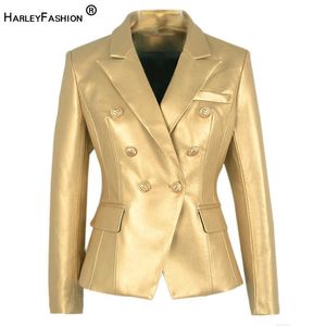 HarleyFashion luxe conception élégante haute rue qualité veste boutons en métal femme PU cuir or Blazer X0721