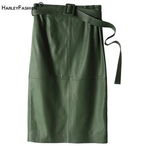 HarleyFashion invierno mujer lujo PU falda de cuero High Street verde caqui negro Sheap cuero genuino toque falda recta LJ227L