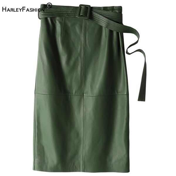 Harleyfashion invierno mujeres lujo pu falda de cuero high street verde caqui negro sheap cuero genuino toque falda recta lj201103