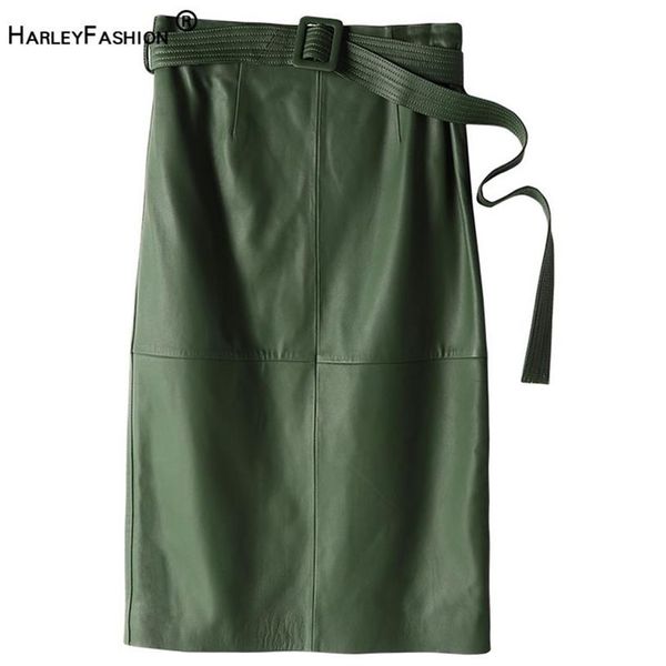 HarleyFashion invierno mujer lujo PU falda de cuero High Street verde caqui negro Sheap cuero genuino toque falda recta LJ289g