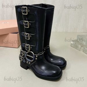 Harnas riem Geknikt rundleer Biker-knielaarzen met dikke hak Rits Ridderlaarzen Mode vierkante neus Enkel voor dames luxe designerschoenen fabrieksschoeisel T231104