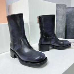 Harnais Ceinture Boucle en cuir de vachette talon chunky zip Knight bottes bout carré Cheville Bottines pour femmes chaussures de designer de luxe chaussures d'usine