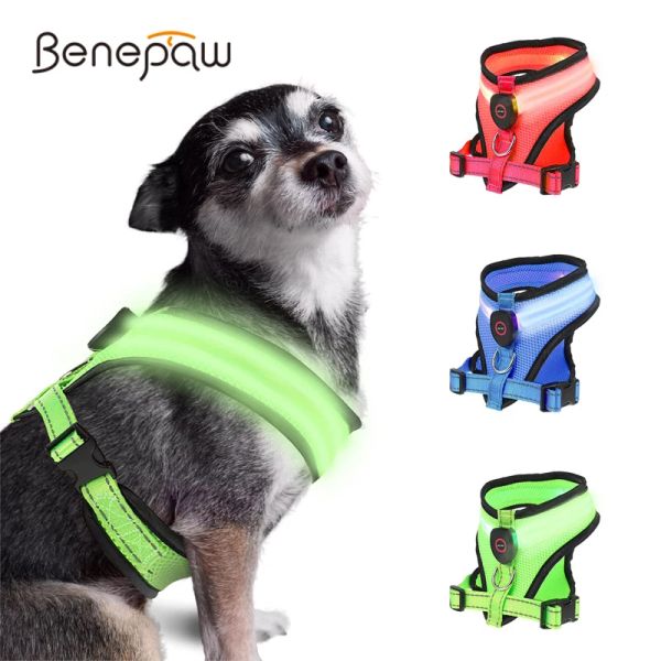 Harnais Benepaw Harnais pour chien avec lumière LED rechargeable par USB Réfléchissant réglable en maille souple rembourré pour animaux de compagnie Harnais pour chiens de petite et moyenne taille