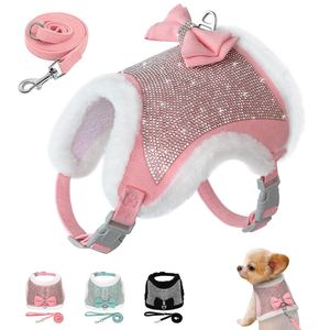 Ensemble harnais et laisse pour chien en strass, doux et chaud, gilet pour animaux de compagnie, gilet avec nœud papillon, réglable pour Chihuahua, chiens et chats