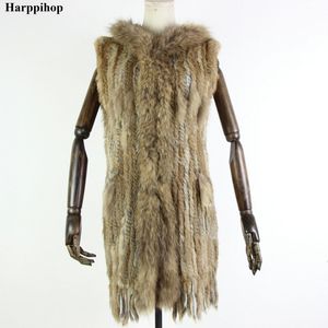 Harppihop fur New natural Fur Vest Genuine Rabbit Fur Knitted Gilet with Hooded Long Coat Jackets Women Winter V-211-05MX191009