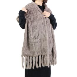 Harppihop * Luxe vrouwen echt echt gebreide konijn sjaals met kwasten Lady Pashmina Wraps herfst winter vrouwen bont sjaals