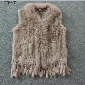 Harppihop livraison gratuite gilet en vraie fourrure naturelle pour femme avec col en fourrure de raton laveur gilet/vestes tricotées hiver