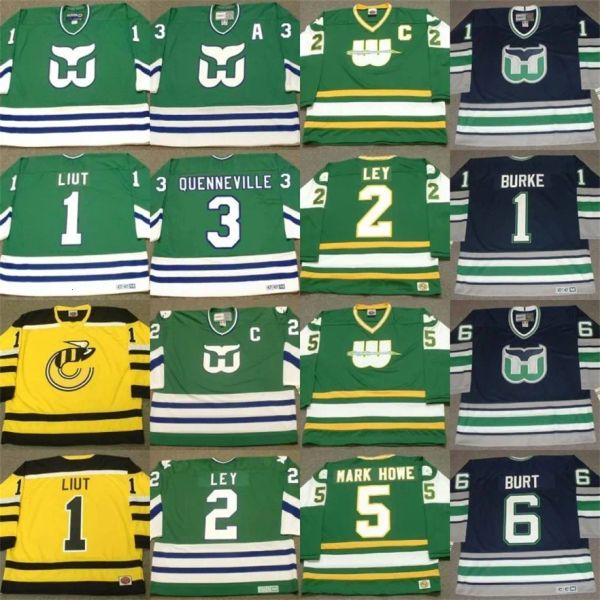 Hartford''Whalers'' MIKE LIUT SEAN BURKE RICK LEY JOEL QUENNEVILLE MARK HOWE ADAM BURT GEOFF SANDERSON GORDIE HOWE SAMUELSSON Maillots de hockey