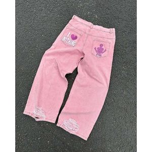 Haruku Hip Hop Skull Embroidery Roze gescheurde baggy jeans dames nieuwe mode casual gotische brede broek streetwear