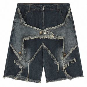 Haruku Vintage Functial geborduurde sterrenpatroon denim heren oversized zonnige Bermuda casual shorts college broek y2k a5f5#