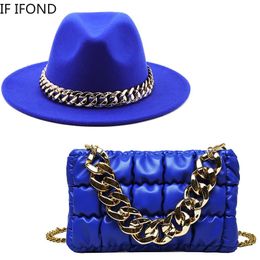 Chapeau pour les femmes d'automne d'hiver Jazz Fedora Chapeaux avec une chaîne de chaîne surdimensionnée de luxe Fashion Sac accessoire en deux pièces 240322