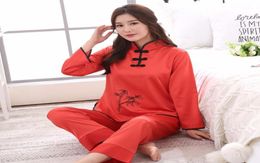 Chapeau Red Ladies Faux Silk Pajamas Set Chinois Traditional Button Pajamas Suit 2PC SHIRTPANT PRINTEMPS NOUVEAUWARS MXXL14951195