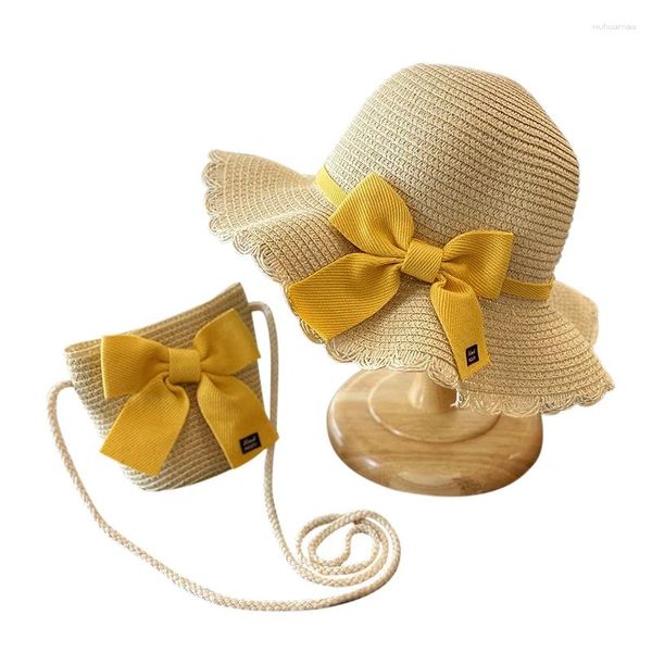 Sombreros 2 juegos niños fiesta de té paja sol verano protección UV sombrero de playa con bolso de hombro conjunto de niñas con lazo encantador