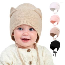 Hoeden 2022 Winter Solid Color Gebreide baby Wool Hoed Cartoon Ear Braid Protector Warm Kinder Geschikte 0-3 jaar