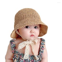 Hoeden 2023 Lente zomer Baby Straw Hat Girls Sun Lace Bow Caps Beach Kinderen Panama Princess